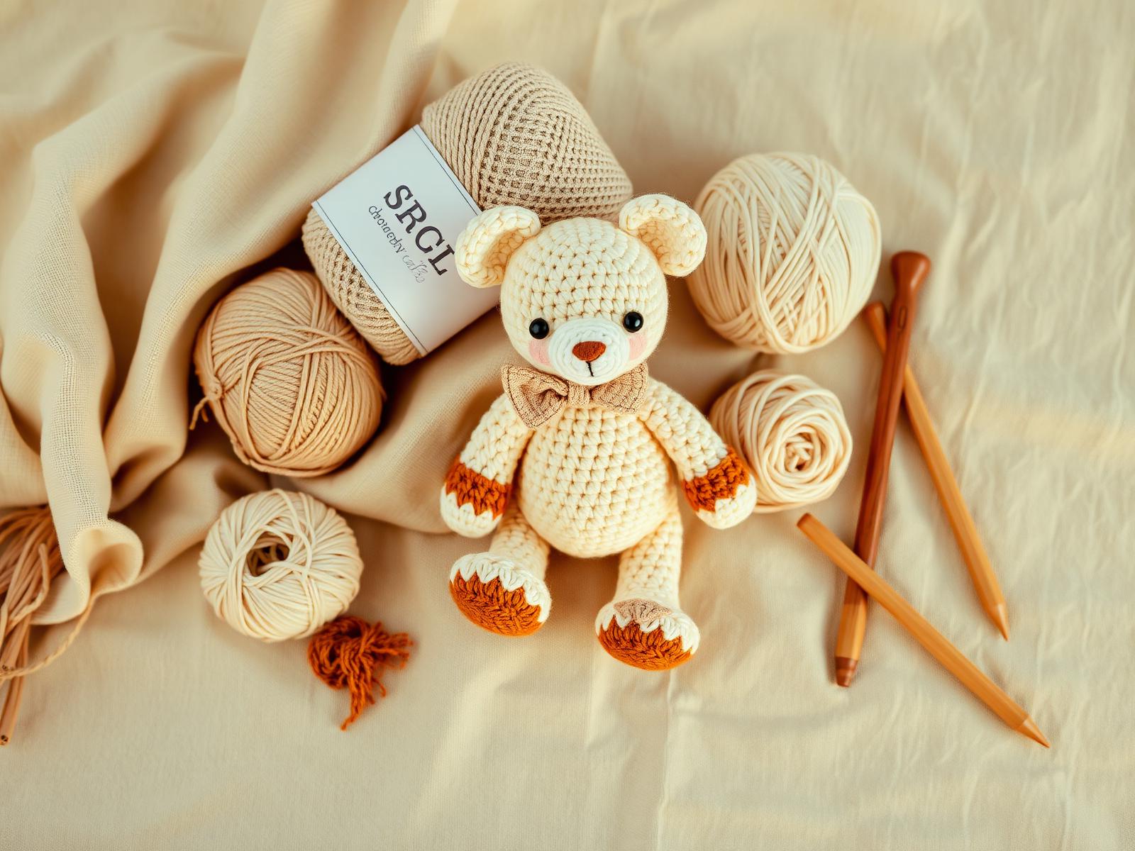 Handmade crochet teddy bear with yarn and wooden crochet hooks